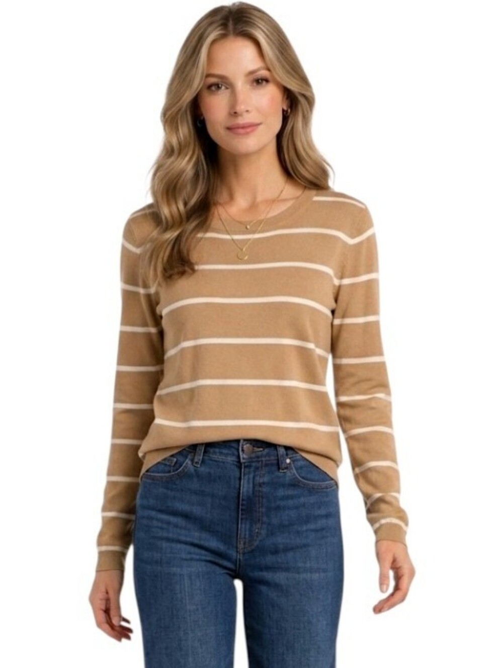 41 Hawthorne Camel Striped Fine Gauge Crewneck Sweater Size S